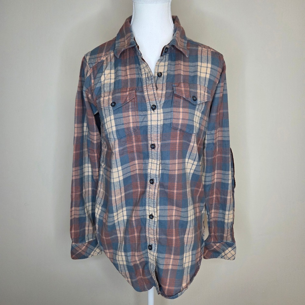 Kavu‎ 100% Cotton Flannel Shirt Blue Brown Corduroy Elbow Patches Womens XS